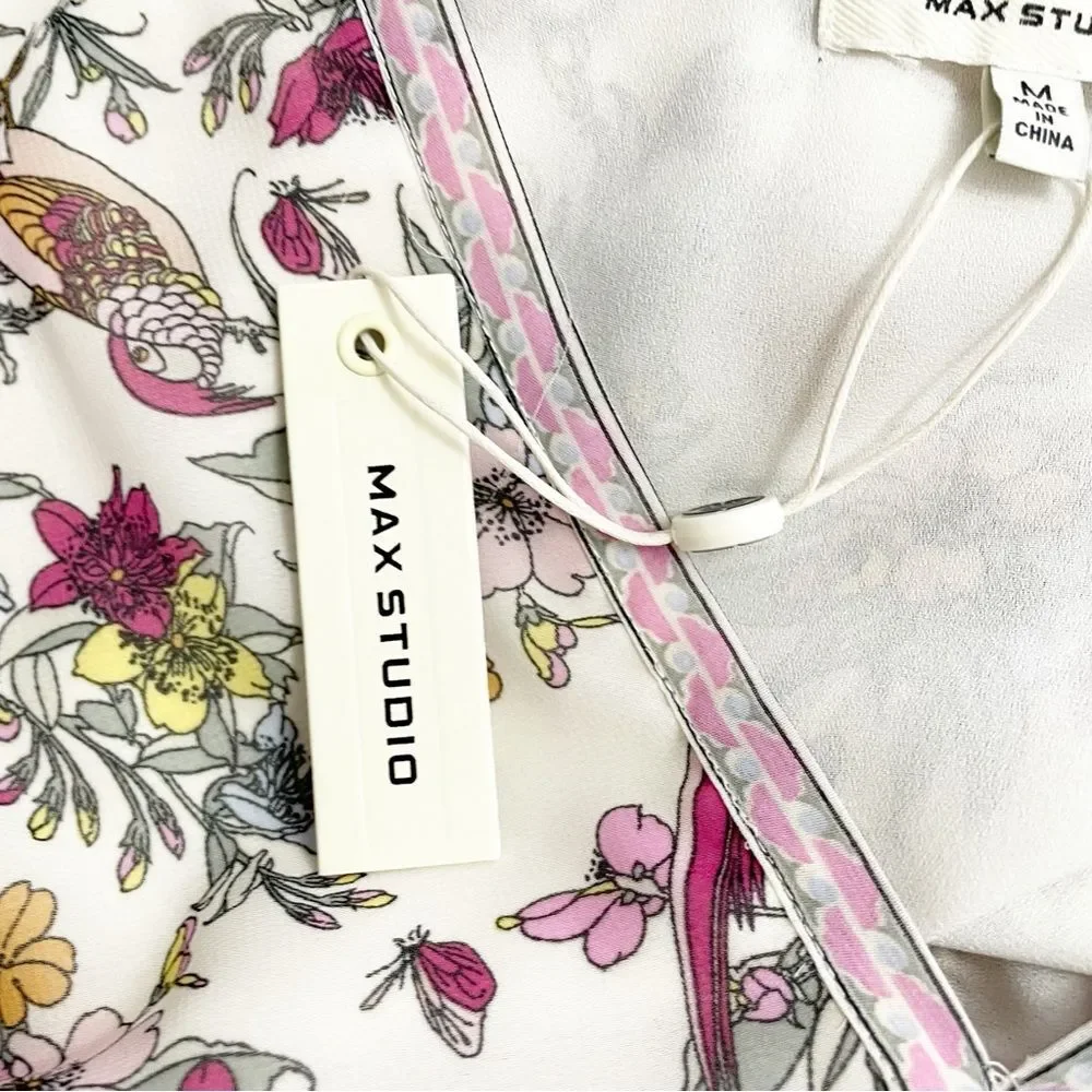 NWT Max Studio Smocked Cream Pink Floral Bird Print Mini Dress Size Medium NEW - Picture 10 of 14